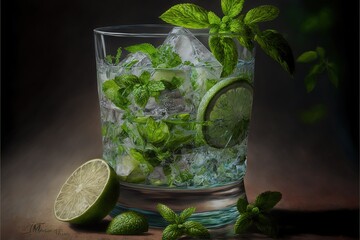 Poster -  a glass of ice and mint with a lime slice on the side of it and a lime slice on the side of the glass with ice and mints on the side of the glass.