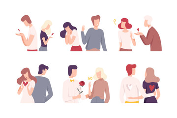 Sticker - Unrequited love. Loving couples relationships set. People trying to save love flat vector illustration