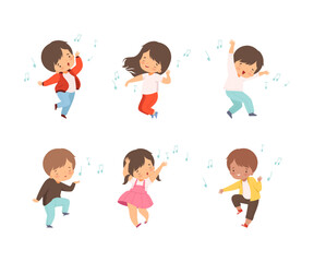 Poster - Little children listening to music, singing and dancing set. Cute boys and girls happily jumping cartoon vector illustration