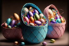  Three Baskets Filled With Colorfully Decorated Eggs On A Table With Chocolate Eggs In Them And A Chocolate Egg In The Middle Of The Basket With A Chocolate Egg On Top Of The Basket,.