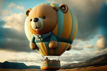  A Large Brown Bear Flying In A Hot Air Balloon With A Person Inside Of It's Back End And A Sky Background With Clouds And Mountains In The Background, With A Blue Sky With A Clouds. Generative AI 