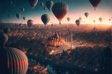  A Large Group Of Hot Air Balloons Flying Over A City At Night With A Lot Of Lights On The Buildings And The Sky In The Background Is A Glowing Orange Glow Of The Sun,. Generative AI 