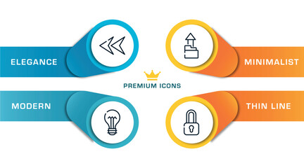Poster - business pack outline icons with infographic template. thin line icons such as left arrow head, lightbulb with bolt, upload folder, locked padlock vector.