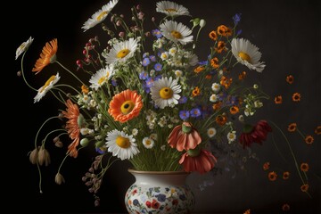 Sticker -  a vase filled with lots of different colored flowers on a table next to a wall with a black background behind it and a black background behind it is a white vase with a bunch of. Generative AI 