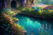 Beautiful Enchanted Garden Green Grass Blue Pond And Beautiful Flowers In Spring Time With House Coved With Green Leaves 