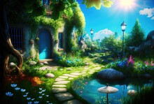 Beautiful Enchanted Garden Green Grass Blue Pond And Beautiful Flowers In Spring Time With House Coved With Green Leaves 