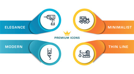 Poster - constructicons outline icons with infographic template. thin line icons such as null, pulley hook, truck with load, derrick with ball vector.