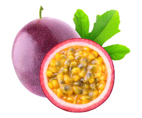 one whole passion fruit (maracuya) and cross section with seeds, cut out