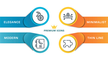 Poster - strategy and management outline icons with infographic template. thin line icons such as bitcoin mining, phonebook, cryptography, puzzle piece vector.