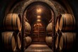  a tunnel with wine barrels in it and a light hanging from the ceiling above it and a brick floor and a brick wall with a light fixture on the ceiling above it and a brick. Generative AI 