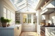  a kitchen with a skylight and a skylight in the ceiling and a window above the sink and a counter with a potted plant on it and a wooden floor below it and a. Generative AI 