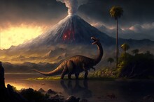 Jurassic Era Setting With A Volcano That Has Just Erupted Generative AI