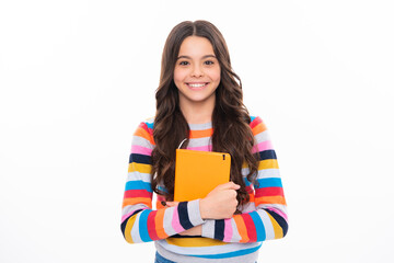 Back to school. Portrait of teenage school girl with books. Children school and education concept. Schoolgirl student. Happy girl face, positive and smiling emotions.