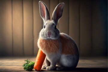 Wall Mural -  a rabbit is sitting next to a carrot on a table with a brown background and a wooden wall behind it, with a light shining on the side of the rabbit's head,. Generative AI 