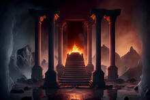 The Eternal Fire, Dark Atmospheric Landscape With Stairs To Ancient Columns And Font Of Fire, Fantasy Background