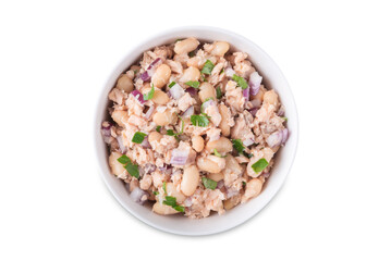 Wall Mural - Cooked salmon white bean red onion salad in a bowl on a white isolated background