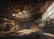 The interior of a large derelict deserted old wooden rural barn with atmospheric sunlight coming through windows and scattered farm equipment. generative ai art