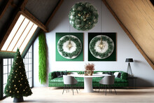 In A Loft With A Green Wall And A Decorated Christmas Tree, There Are Bannners With Circular Crystal Chandeliers. Generative AI