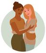 Young women embracing. Valentine's Day vector illustration. Celebrating love and friendship.