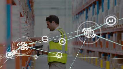 Poster - Animation of connected icons over caucasian man scanning boxes with bar code reader in warehouse