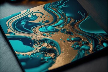  a close up of a blue and gold art piece on a table top with a black background and a black and gold object in the middle of the picture, with a black background and gold., generative ai