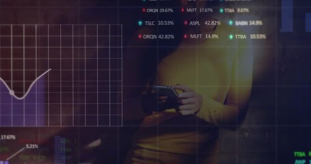 Poster - Animation of trading board and multiple graphs over caucasian woman using cellphone by wall