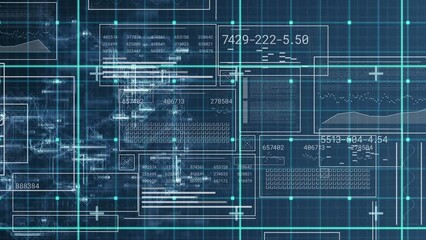 Poster - Animation of numbers in circles and rectangle, graph, bars, grid pattern against abstract pattern