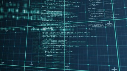 Poster - animation of grid pattern and plus signs over computer language against abstract background