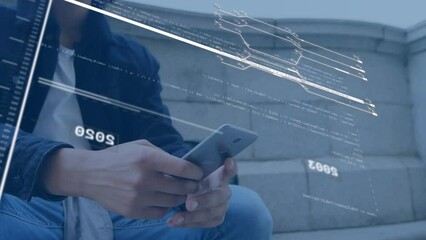 Poster - Animation of data processing over biracial man using smartphone sitting on the stairs outdoors