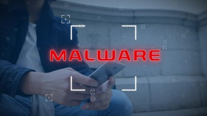 Poster - Animation of scope over malware text over biracial man using smartphone sitting on the stairs