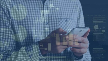 Poster - Animation of statistical data processing against mid section of a man using smartphone