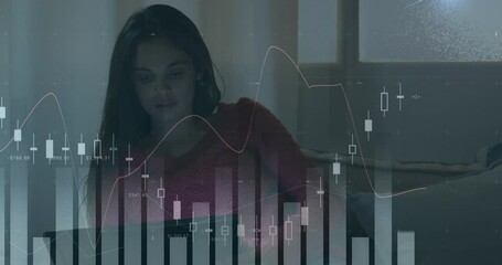 Poster - Animation of statistical data processing over caucasian woman using laptop at home