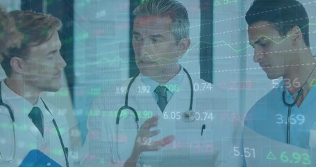 Poster - Animation of trading board and graphs over diverse senior doctor explaining coworkers over tablet