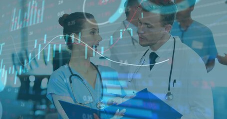 Poster - Animation of multiple graphs moving over diverse smiling doctors analyzing reports in hospital