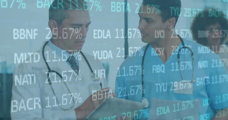 Poster - Animation of stock market data processing over two diverse male doctors discussing at hospital