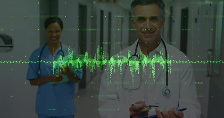 Poster - Animation of data processing over diverse male doctor and female health worker smiling at hospital