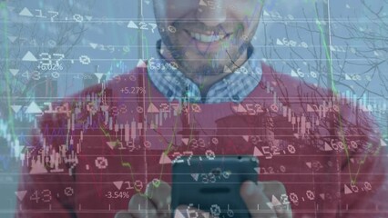 Poster - Animation of financial and stock market data processing over caucasian man using smartphone