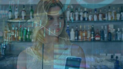 Poster - Animation of data processing over caucasian woman holding a drink using smartphone at a bar