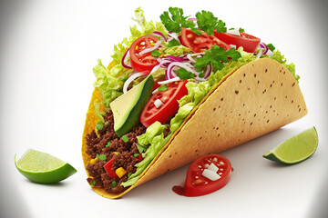 Poster - Isolated on a white background, a Mexican taco with beef, tomatoes, avocado, onions, and chili. by using a clipping path. Generative AI