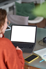Over shoulder view of woman student elearning looking at white mock up blank screen using laptop computer learning online, remote working concept. Website mockup display template for ads, vertical