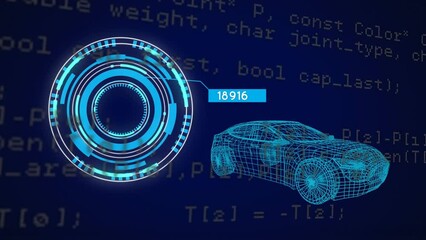 Poster - Animation of neon round scanner and data processing over 3d car model against blue background