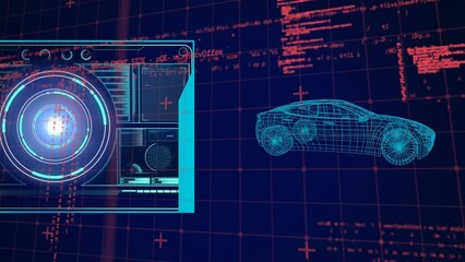 Poster - Animation of neon round scanner and data processing over 3d car model against blue background
