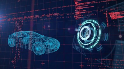 Poster - Animation of neon round scanner and data processing over 3d car model against blue background