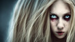 girl with 3 eyes, one eye on her forehead, long, blonde hair, open mouth, terror