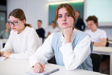 Wall Mural - Children sitting at lesson in classroom, teacher standing