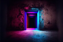 Neon Laser Cyber Purple Red Blue Square Frame Lights On Medieval Wood Grunge Tunnel Corridor Concrete Glossy Cement Floor Showroom Club Dark Stage 3D Rendering. AI Generated Art Illustration.	
