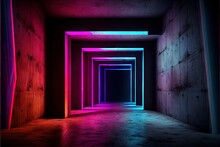 Neon Laser Cyber Purple Red Blue Square Frame Lights On Medieval Wood Grunge Tunnel Corridor Concrete Glossy Cement Floor Showroom Club Dark Stage 3D Rendering. AI Generated Art Illustration.	
