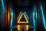 Fototapeta Do przedpokoju - Sci Fi Futuristic Cyber Neon Triangles Glowing Blue Yellow Laser Lights Behind Frosted Glass Panels In Dark Grunge Cement Concrete Underground Tunnel Corridor Studio. AI generated art illustration.	