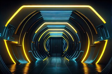 Sci Fi Neon Glowing Curved Lines Strips Yellow Blue Lines Futuristic Metal Warehouse Alien Spaceship Room Clean Dark Hangar Podium Hallway 3D. AI generated art illustration.