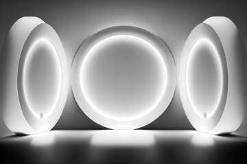 Poster - A minimalistic, white, and abstract background. Lamps mounted on the stage's circular walls were emitting neon light. illustration. Generative AI